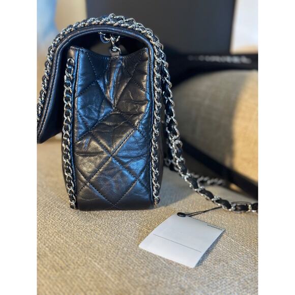 Auth CHANEL Quilted Calfskin 'Chain Around' Large Flap Handbag- Black - NEW - Picture 4 of 15